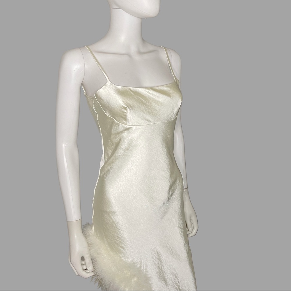 Cream Asymmetrical Satin‎ Spaghetti Strap Dress with Faux Fur Detail - Picture 2 of 5